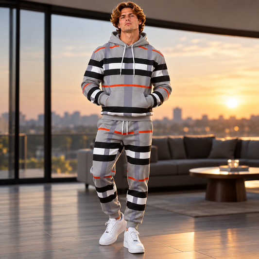 Premium Grey Striped Hoodie & Jogger Tracksuit Set for Men