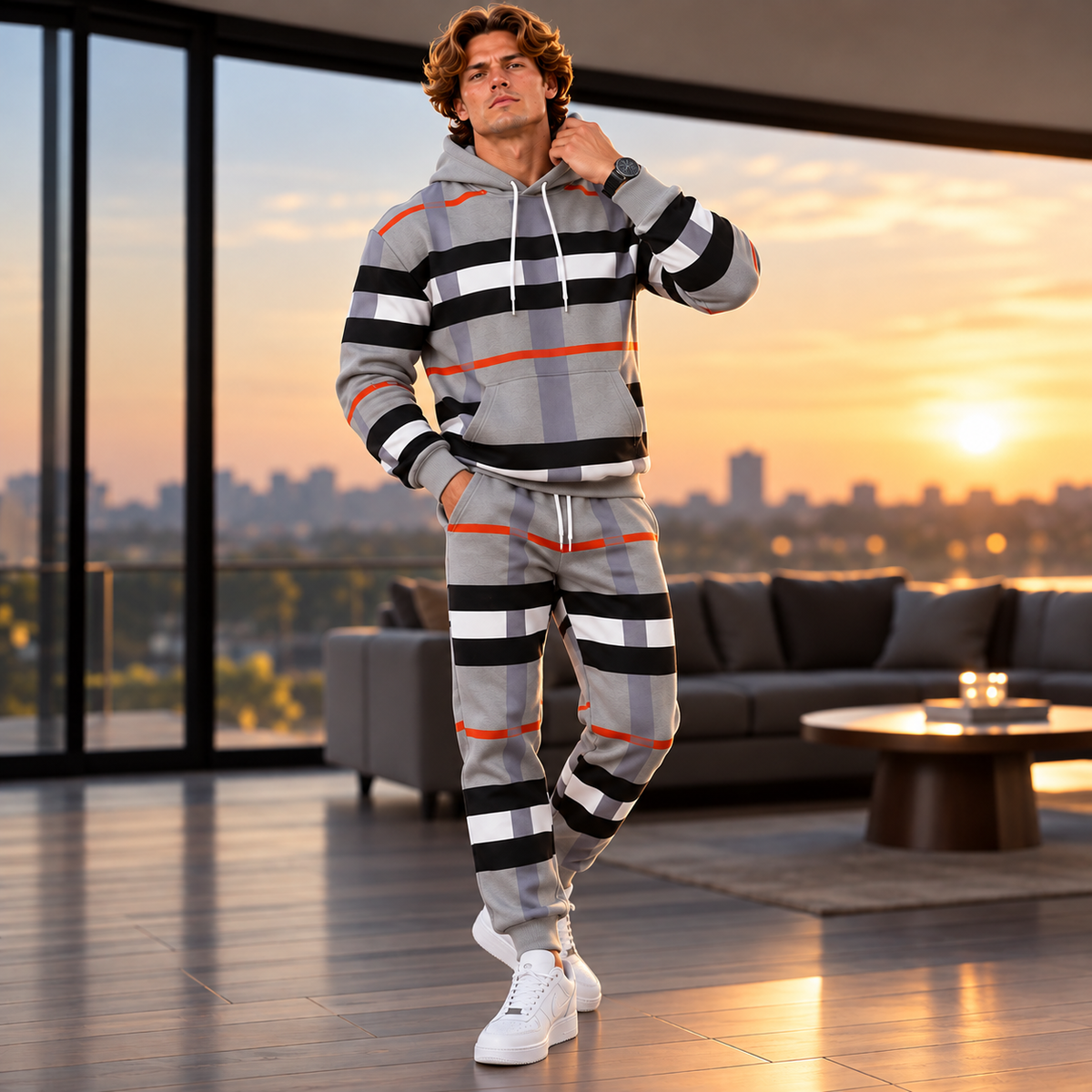Premium Grey Striped Hoodie & Jogger Tracksuit Set for Men